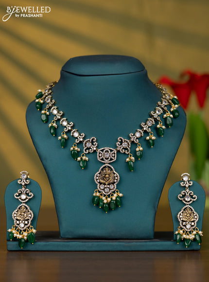 Necklace genesha design with cz stones and pearl & green beads hangings in victorian finish
