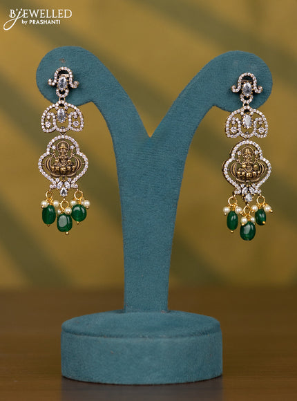 Necklace lakshmi design with cz stones and pearl & green beads hangings in victorian finish