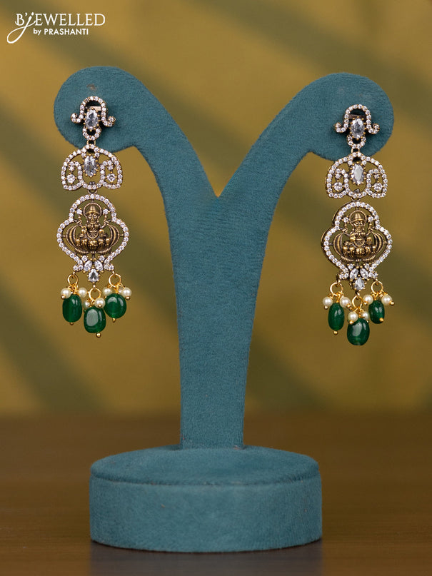Necklace lakshmi design with cz stones and pearl & green beads hangings in victorian finish