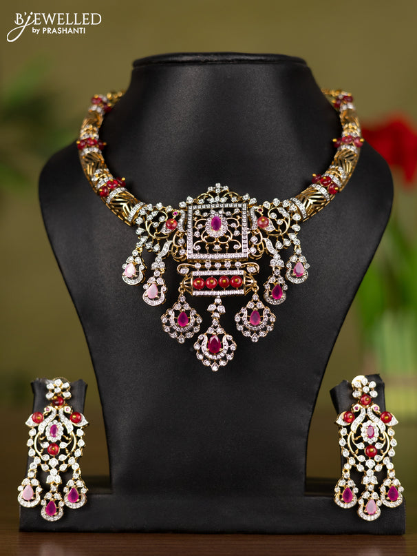 Zircon necklace with ruby and cz stones in gold finish