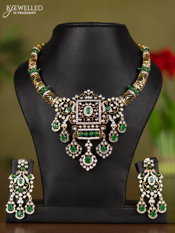 Zircon necklace with emerald and cz stones in gold finish