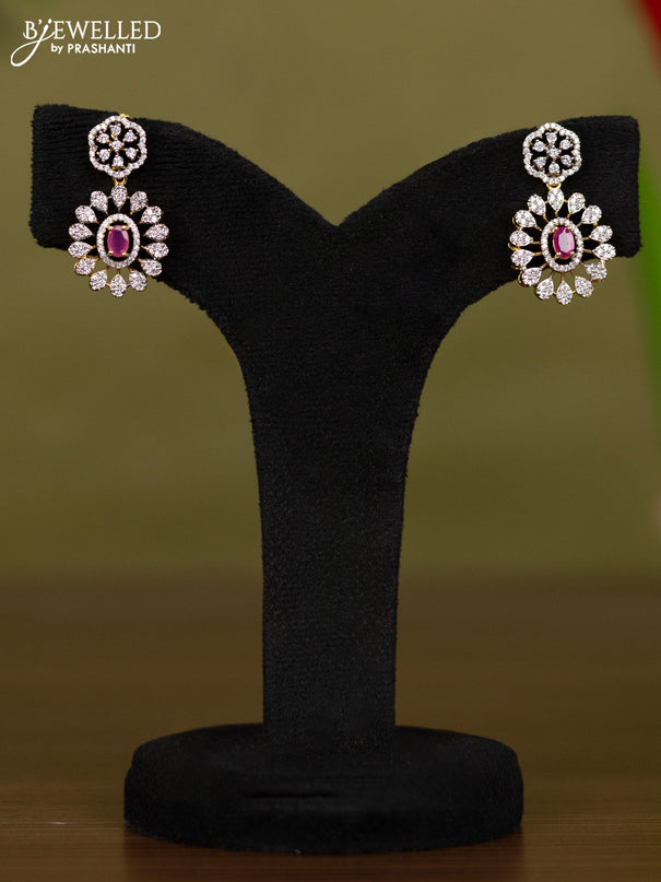 Zircon necklace manga pattern with ruby & cz stones and pearl hangings in gold finish