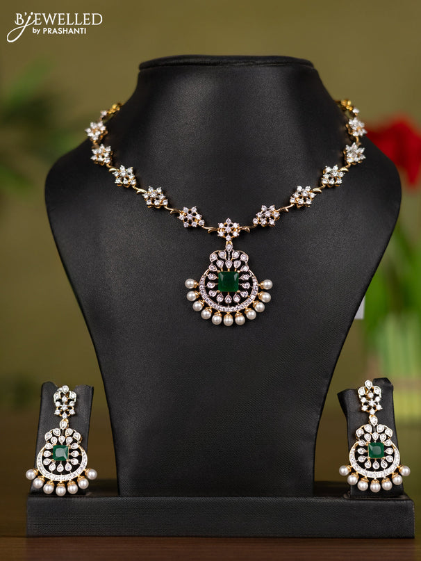 Zircon necklace with emerald & cz stones and pearls in gold finish