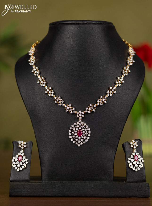 Zircon necklace with ruby and cz stones in gold finish