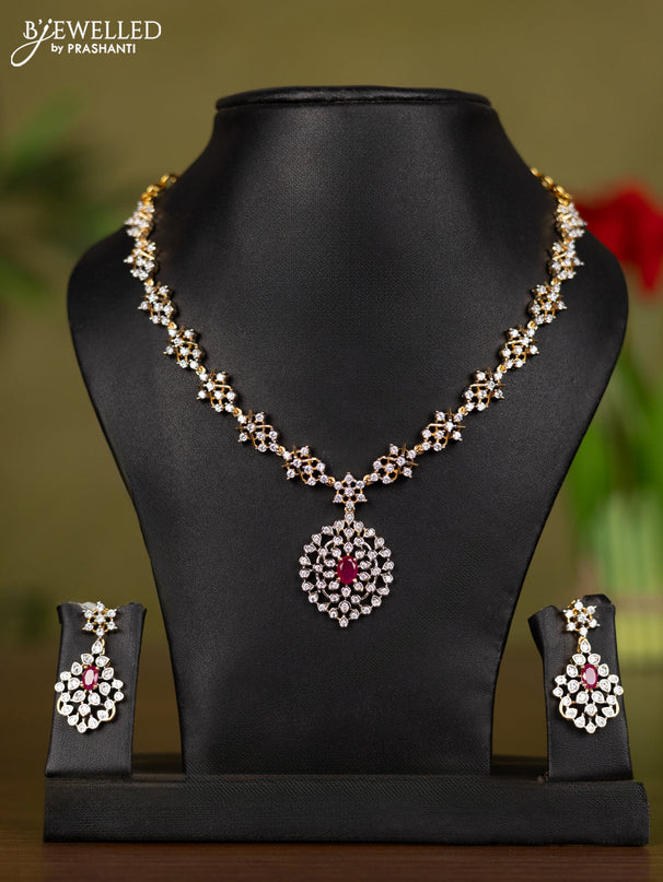 Zircon necklace with ruby and cz stones in gold finish