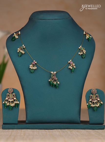 Inivisible chain double peacock design in kemp stones and green & pearl hangings