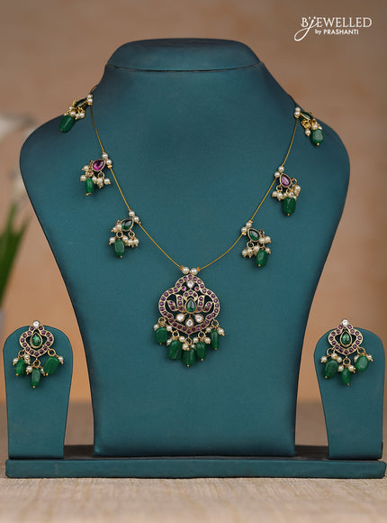 Inivisible chain lotus design in kemp stones and green & pearl hangings