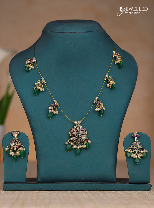Inivisible chain floral design in kemp stones and green & pearl hangings
