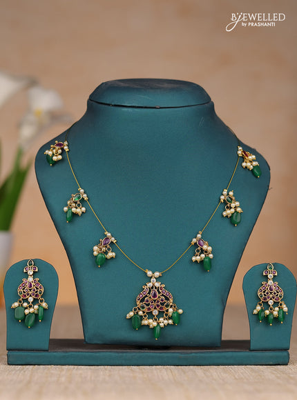 Inivisible chain double peacock design in kemp stones and green & pearl hangings