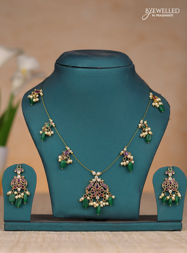 Inivisible chain double peacock design in kemp stones and green & pearl hangings