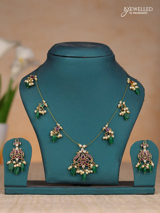 Inivisible chain double peacock design in kemp stones and green & pearl hangings
