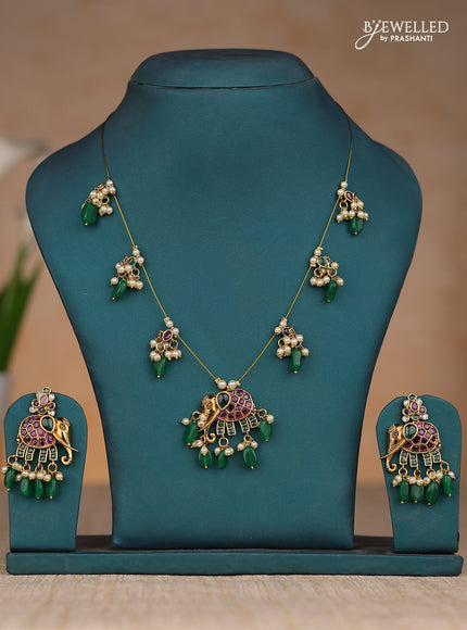 Inivisible chain elephant design in kemp stones and green & pearl hangings