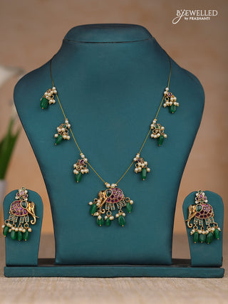 Inivisible chain elephant design in kemp stones and green & pearl hangings