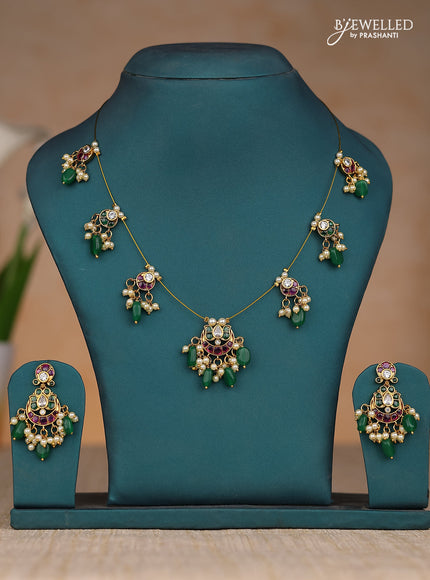 Inivisible chain chandbali lotus design in kemp stones and green & pearl hangings