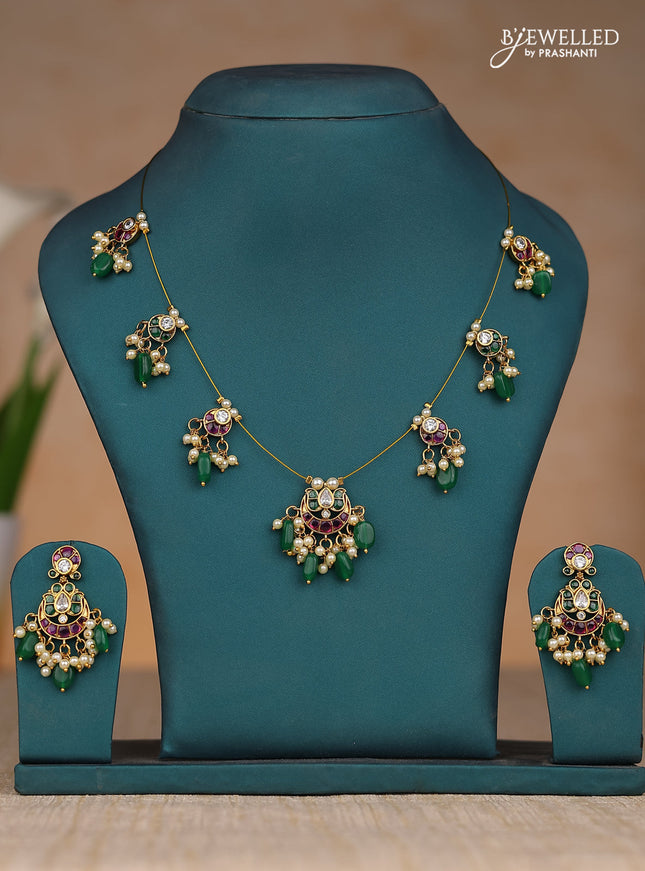 Inivisible chain chandbali lotus design in kemp stones and green & pearl hangings