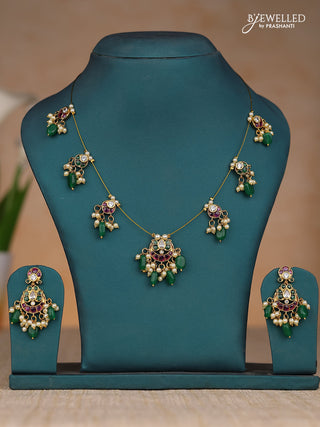 Inivisible chain chandbali lotus design in kemp stones and green & pearl hangings