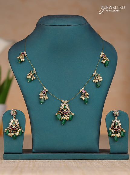 Inivisible chain chandbali floral design in kemp stones and green & pearl hangings