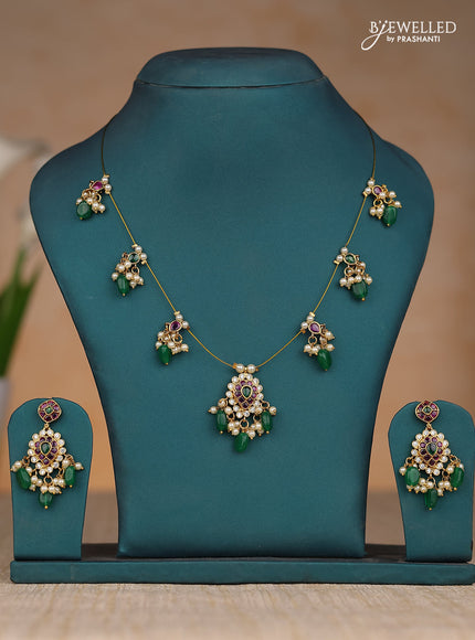 Inivisible chain in kemp stones and green & pearl hangings