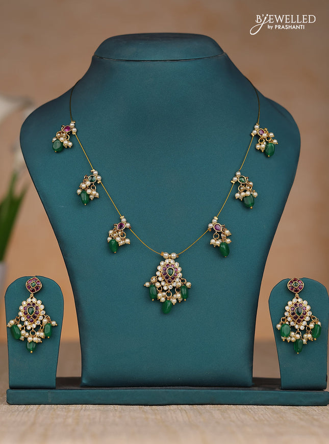 Inivisible chain in kemp stones and green & pearl hangings