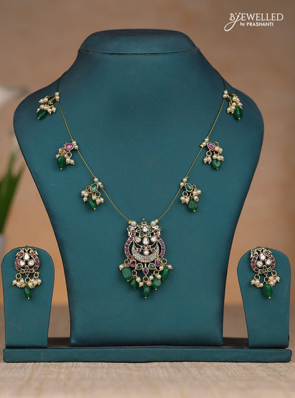 Inivisible chain double peacock design in kemp stones and green & pearl hangings