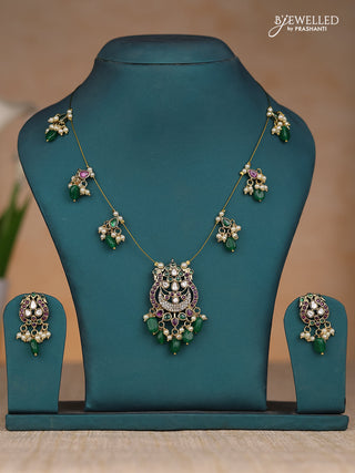 Inivisible chain double peacock design in kemp stones and green & pearl hangings