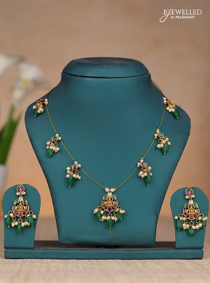 Inivisible chain chandbali lakshmi design in kemp stones and green & pearl hangings