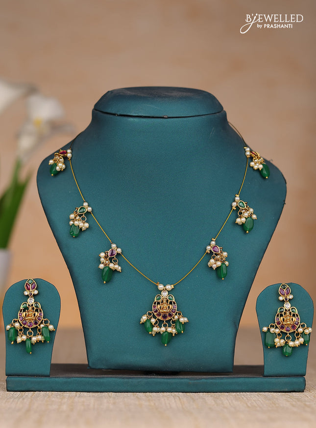 Inivisible chain chandbali lakshmi design in kemp stones and green & pearl hangings