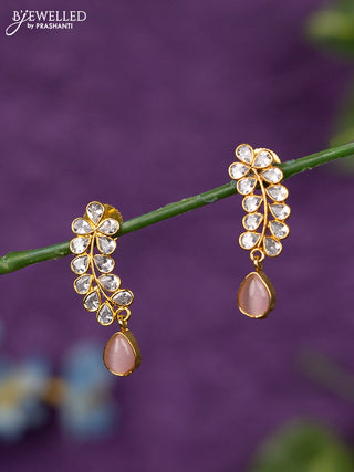 Zircon earrings with kundan and baby pink stones in gold finish