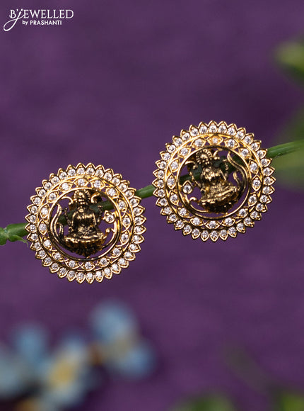 Zircon earrings lakshmi design with cz stones in gold finish
