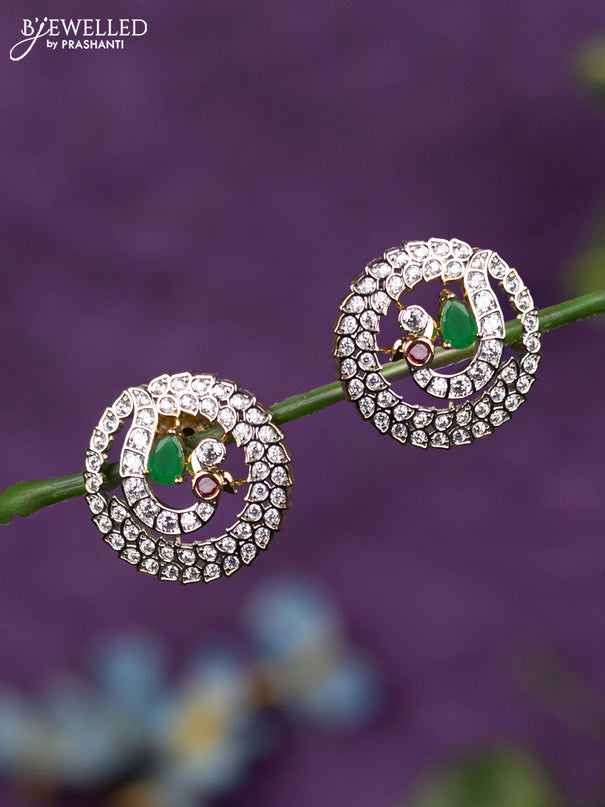 Zircon earrings peacock design with kemp and cz stones in gold finish