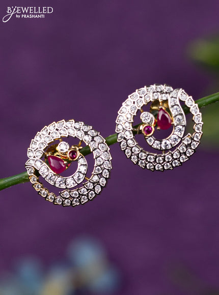 Zircon earrings peacock design with ruby and cz stones in gold finish