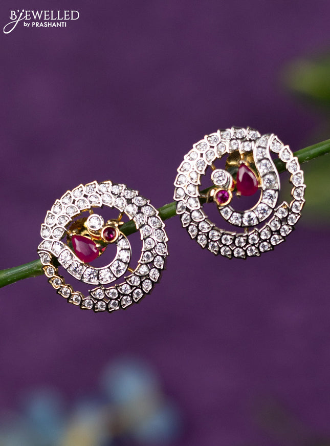 Zircon earrings peacock design with ruby and cz stones in gold finish
