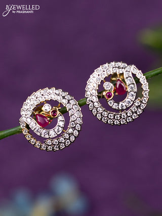 Zircon earrings peacock design with ruby and cz stones in gold finish