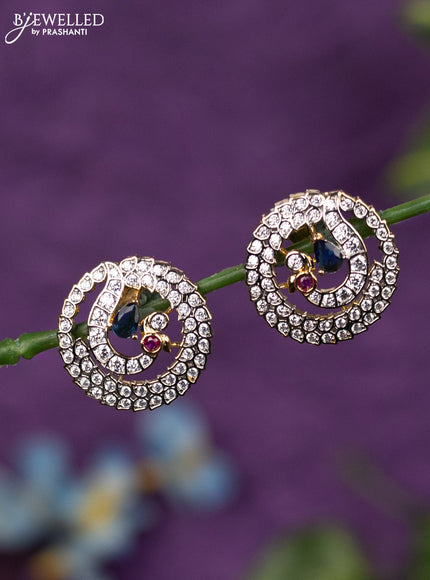 Zircon earrings peacock design with sapphire and cz stones in gold finish