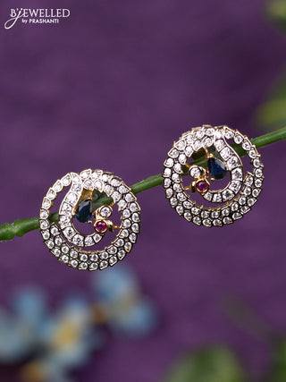Zircon earrings peacock design with sapphire and cz stones in gold finish