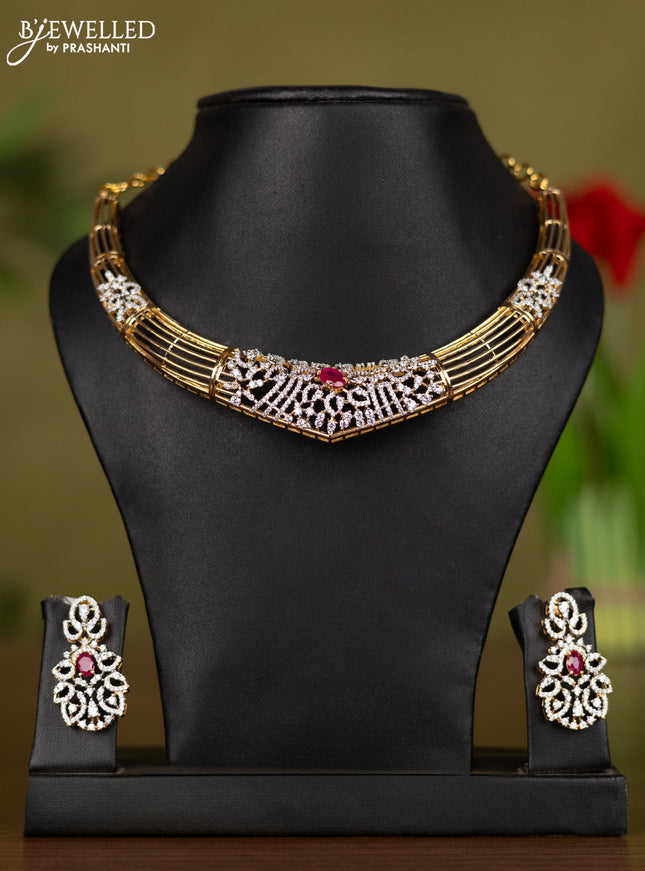 Zircon necklace with ruby and cz stones in gold finish