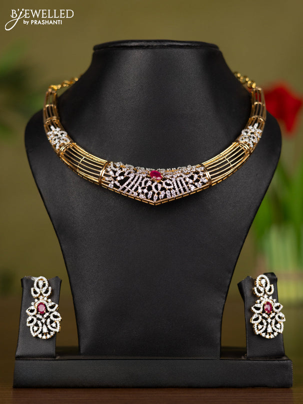 Zircon necklace with ruby and cz stones in gold finish