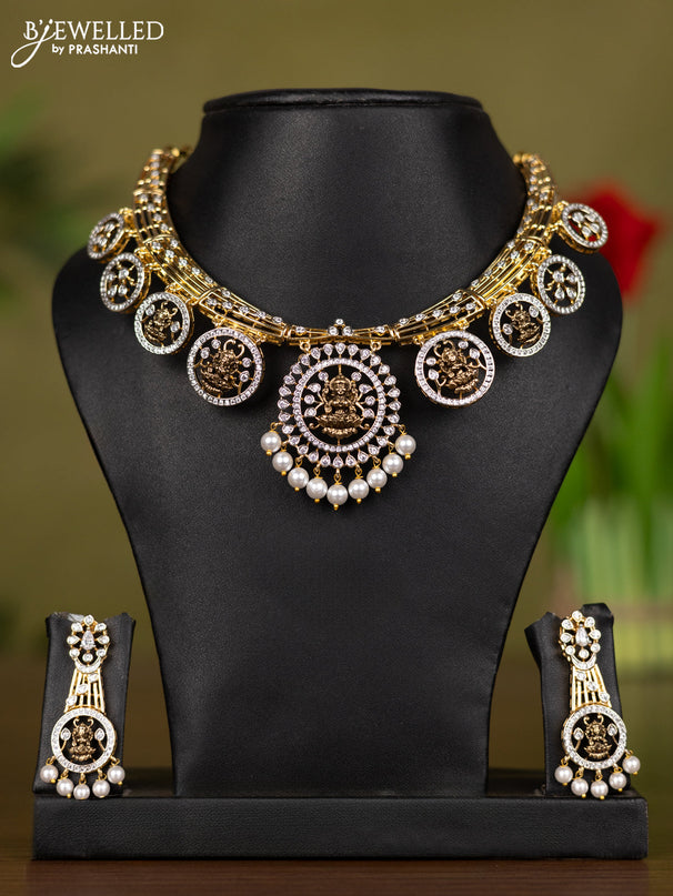 Zircon necklace lakshmi design with cz stones and pearl hangings in gold finish