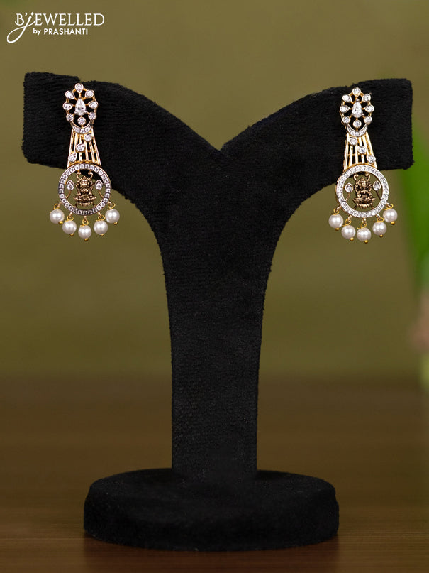 Zircon necklace lakshmi design with cz stones and pearl hangings in gold finish