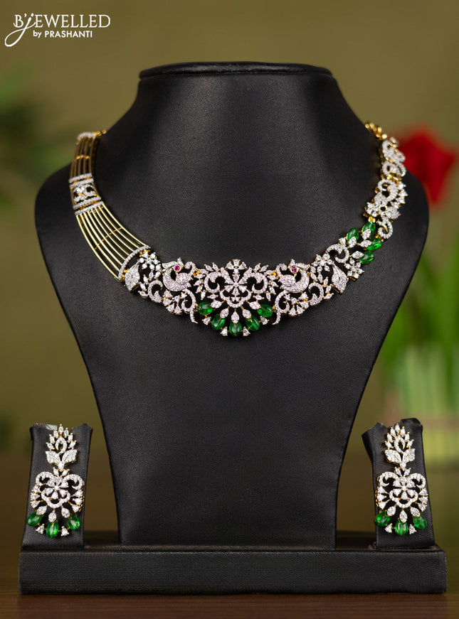Zircon necklace with cz stones and green beads hangings in gold finish