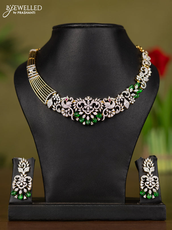Zircon necklace with cz stones and green beads hangings in gold finish