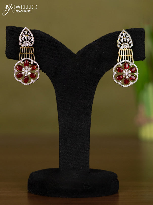 Zircon necklace with cz stones and maroon beads hangings in gold finish