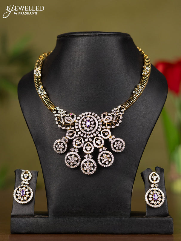 Zircon necklace with purple and cz stones in gold finish
