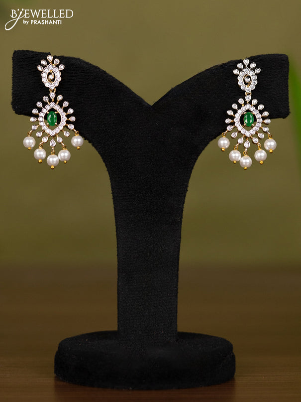Zircon necklace with emerald & cz stones and pearl hangings in gold finish