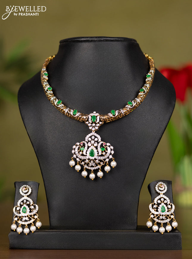 Zircon necklace with emerald & cz stones and pearl hangings in gold finish