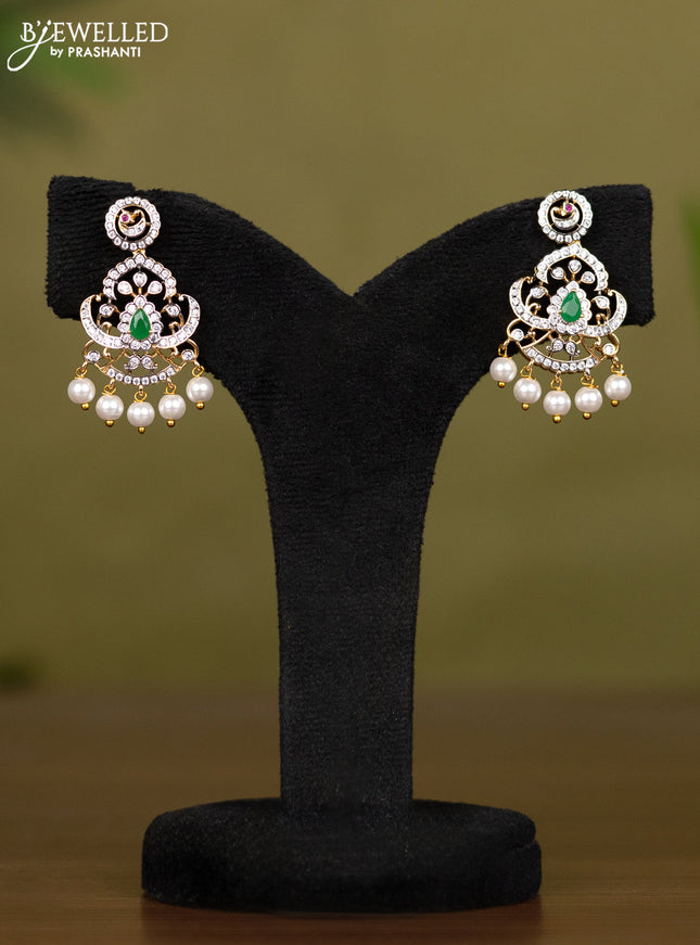 Zircon necklace with emerald & cz stones and pearl hangings in gold finish