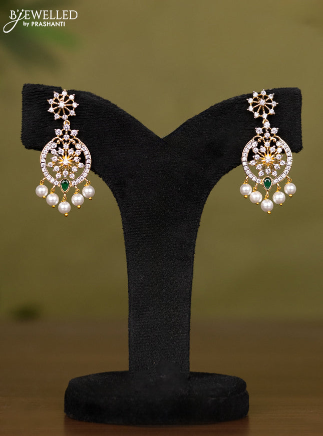 Zircon necklace with emerald & cz stones and pearl hangings in gold finish