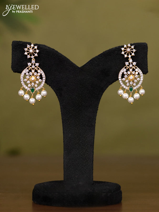 Zircon necklace with emerald & cz stones and pearl hangings in gold finish