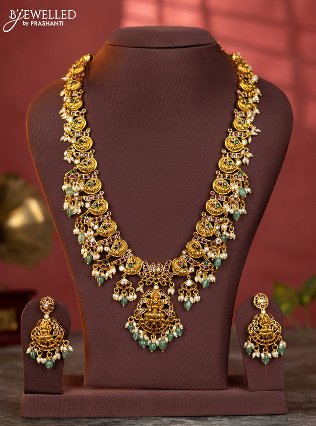 Antique haaram lakshmi design with kemp and white stones & green beads hanging