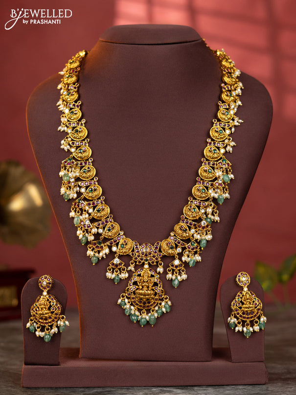 Antique haaram lakshmi design with kemp and white stones & green beads hanging